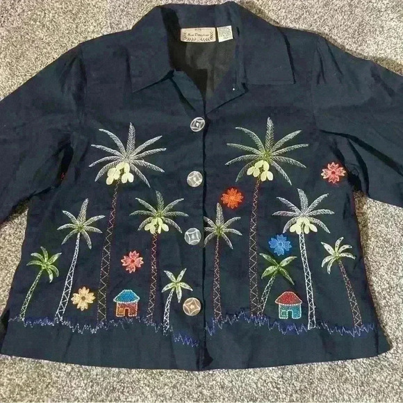 New Direction Jacket Womens Size L Black Embroidered & Beaded- Island Theme - Picture 1 of 9